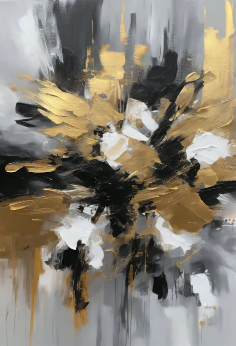 Black, gold, greys　Abstract mural　Canvas painting、Black, white and grey with some gold leaf、abstracted、modern fine art　Scratch　an oil painting