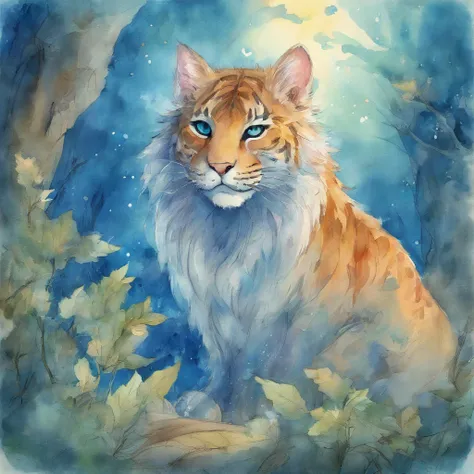 view full body A big cat with a wide split mouth and a smile　Fantastic atmosphere　Picture book illustrations　watercolor paiting　Overall, the color is strong blue