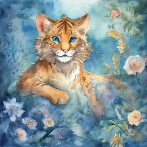 view full body A big cat with a wide split mouth and a smile　Fantastic atmosphere　Picture book illustrations　watercolor paiting　Overall, the color is strong blue