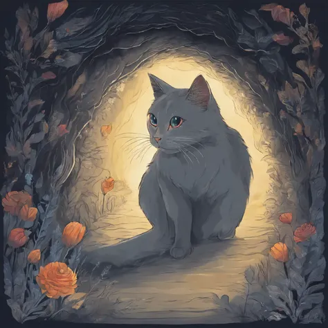 Cat tunnel in the depths of darkness　A grey cat walks in　Fantastic atmosphere　Picture book illustrations