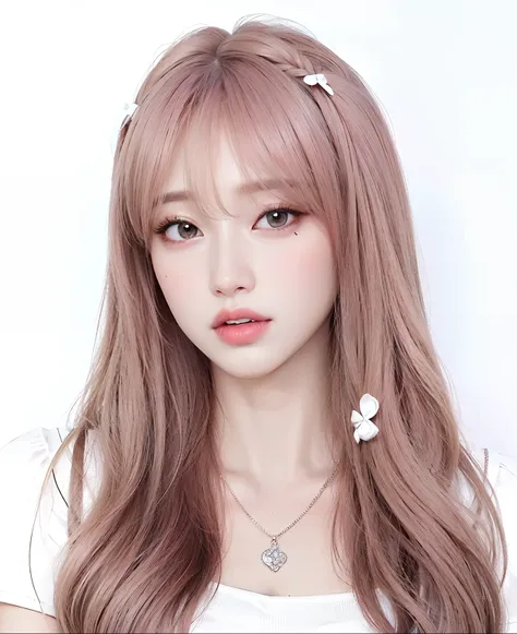 um close up de uma pessoa com cabelos longos e um colar, Ulzzang, Lalisa Manobal, Lalisa Manoban do Blackpink, Penteado kawaii, penteado twintails, maquiagem sul-coreana popular, maquiagem coreana popular, cabelo rosa twintail e olhos cianos, branco hime c...