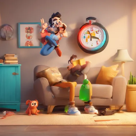 Create a Disney Pixar-inspired poster with the character being a man who is lying with a clock on the wall, 3 6 anos, Fotografia selfie 8k, 38 anos, Homem de 4 0 anos, (38 anos), 3 2 anos, ligeiro restolho, 3 5 anos, 35 anos, selfie de um homem, Eyvind, 2 ...