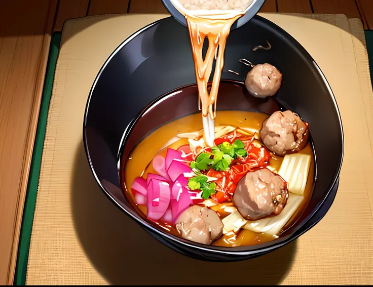 There was a bowl of food，There are beef balls and pho in it，Pour over the beef bone broth, Illustration of the national tide style of delicious beef balls and pho, Throw pho and beef meatballs, daopao, competition winning, Eating noodles, Noodles, inspired...