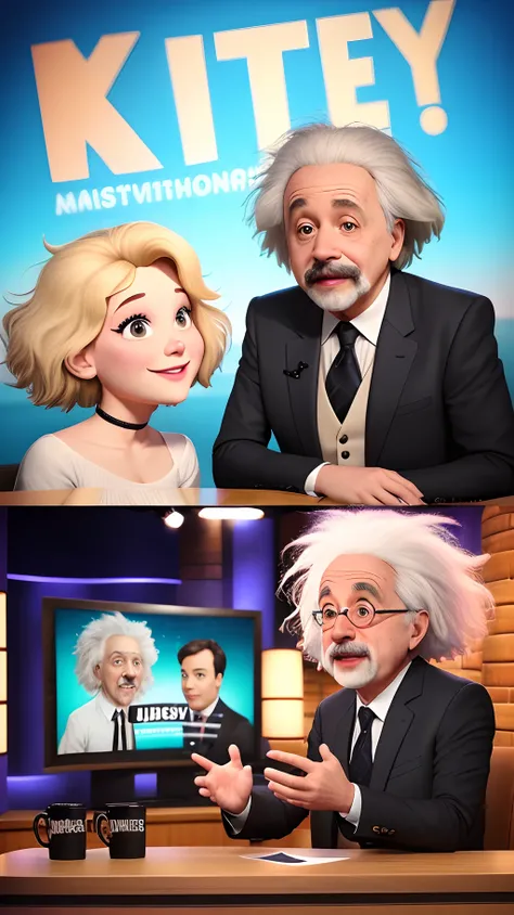 Crie um poster 3d estilo Disney Pixar com Albert Einstein como entrevistado em um talkshow. Mostre Einstein o sendo entrevistado por Jimmy Fallon em The Tonight Show. Alta qualidade, maior qualidade