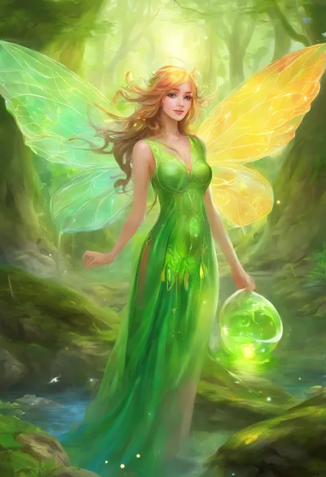 (Masterpiece, Best quality, Ultra-detailed, Best Illustration:1.4), 1 Little Fairy, The wings of the little fairy，(Slime girl:1.3),(See-through:1.5）afloat,Green wind ，Silk fabric，(refractions,Reflection:1.2) ,  Transparent skin, sunshine day，ln the forest