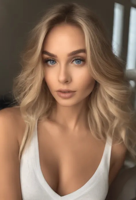 oman with matching tank top and panties, fille sexy aux yeux bleus, Portrait Sophie Mudd, Portrait de Corinna Kopf, cheveux blonds et grands yeux, selfie of a young woman, ohne Maquillage, maquillage naturel, Look directly into the camera, Visage avec Artg...