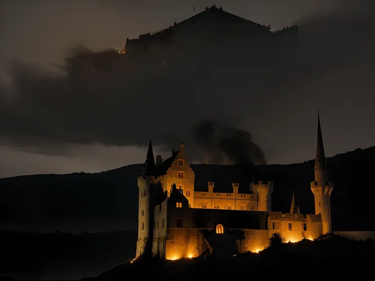 A burned castle in the middle of night