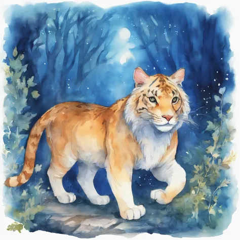 view full body A big cat with a wide split mouth and open　Fantastic atmosphere　Picture book illustrations　watercolor paiting　Overall, the color is strong blue