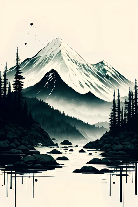 white background, scenery, ink, mountains, water, trees