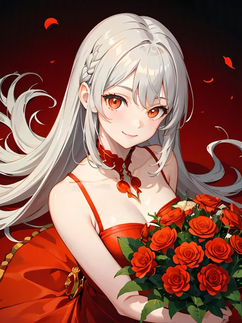 masterpiece, best quality, 1 girl, gray hair, orange eyes, smile, red dress, red flowers, red background, (upper body:1.3), from above