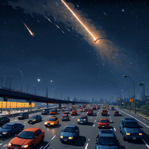 (Pixel art:1.5), (pixel theme:1.5), (fantasy:1.5), (meteor:1.5), (A meteorite passes over a car on the Metropolitan Expressway:1.5), (Metropolitan Expressway:1.5), (meteorite:1.5), (starry night sky:1.5),(A swarm of cars escaping from the capital:1.5), (co...