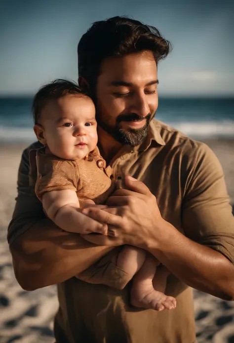 5-month-old boy on the beach in the arms of his 39-year-old father, feliz