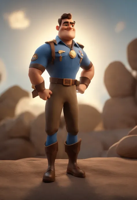 personagem dos desenhos animados de um homem com olhos pretos grandes, cabelo militar cinza e uma camisa azul, animation character, Caractere estilizado, animation style rendering, 3D estilizado, Arnold Maya render, 3 d render stylized, toon render keyshot...