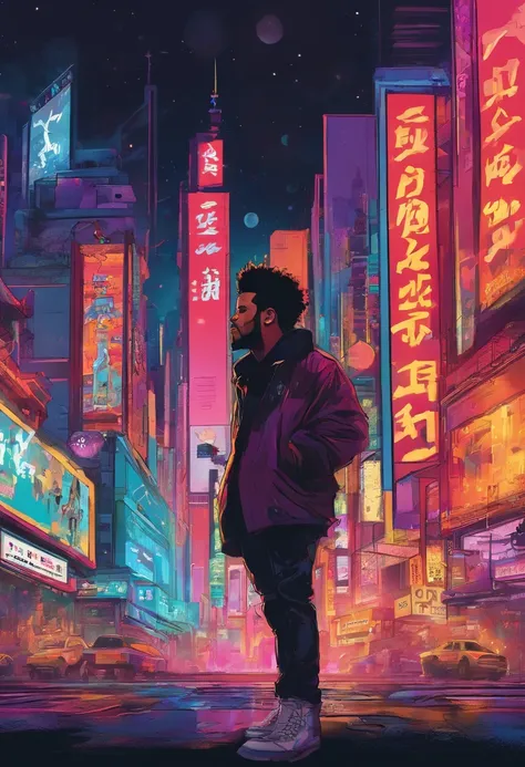 (The Weeknd),singing in (Hong Kong),[(neon-lit) streets] with (dazzling) lights,[(vibrant) city vibes](,and) (booming) music. [(Crowds) gather](,awaiting his performance),[(eager) fans](,screaming),(,and) [(high-energy) atmosphere]( fills the air). The Wee...