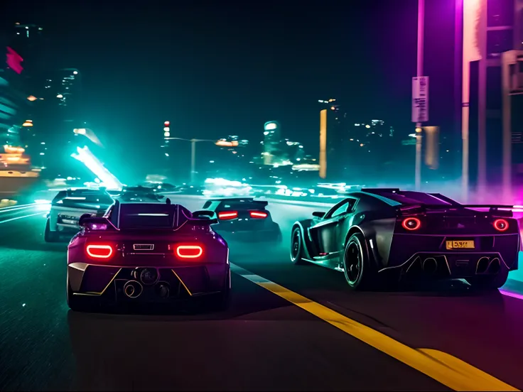 Film still action movie, supercars high speed chase in Los Angeles at night, and explosions ocurring, resulting in crashes and explosions, low angle, neon lights, dynamic movement, low saturated color, taked by Arri Alexa 65, directed by Michael Bay, style...