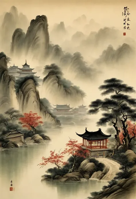 Chinese，Chinese landscape，Traditional Chinese painting，Ancient rhyme Jiangnan，Yamakawa，Cypress，Pavilions，Leave white space，elegant