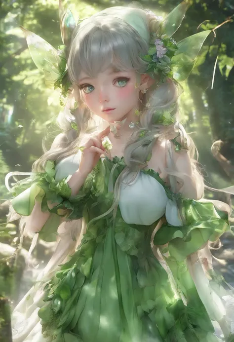 (Masterpiece, Best quality, Ultra-detailed, Best Illustration:1.4), 1 Little Fairy, The wings of the little fairy，(Slime girl:1.3),(See-through:1.5）afloat,Green wind ，Silk fabric，(refractions,Reflection:1.2) ,  Transparent skin, sunshine day，ln the forest