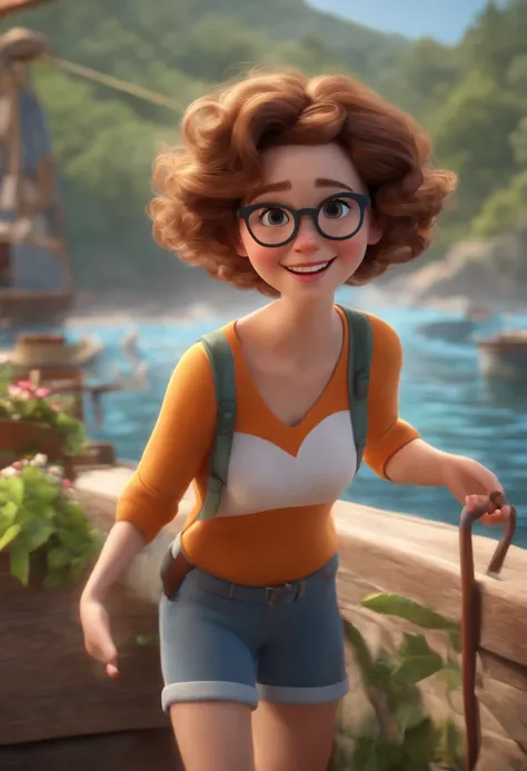 (best quality,highres,masterpiece:1.2),ultra-detailed,(realistic:1.37),3D rendering,girl with white glasses,short curly hair,dancing(energetic expression),Disney makeup,smiling cutely,fisherman,pixar style,close-up shot,Disney,Pixar,cinematic lighting