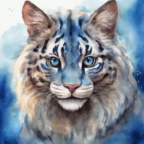 Looking at the whole body A big cat with a wide gap up to its cheeks showing the inside of its open mouth A fantastic atmosphere Picture book illustration Watercolor painting The overall color is strong blue