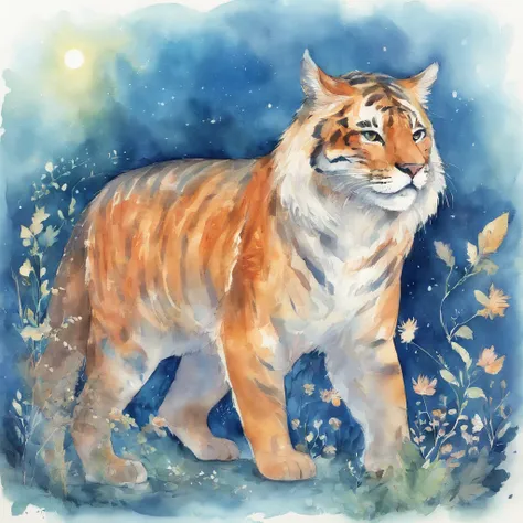 Looking at the whole body A big cat with a wide gap up to its cheeks showing the inside of its open mouth A fantastic atmosphere Picture book illustration Watercolor painting The overall color is strong blue