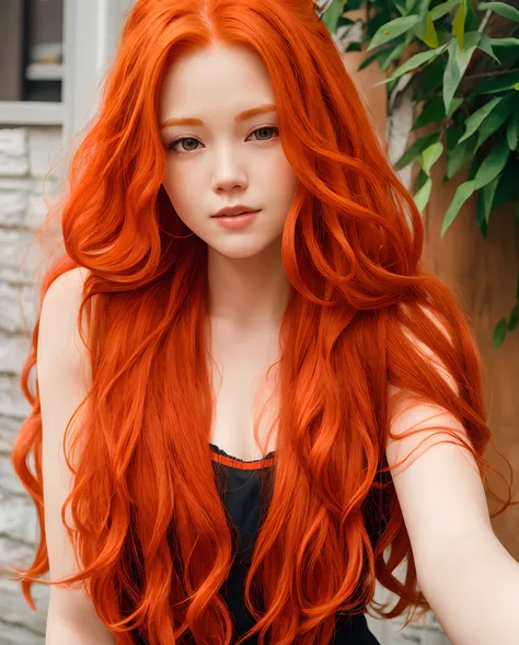 a close up of a woman with long red hair and a bra, flowing ginger hair, ginger wavy hair, orange skin and long fiery hair, long wavy orange hair, ginger hair, orange flowing hair, orange glowing hair, long orange hair, wavy big red hair, long ginger hair,...