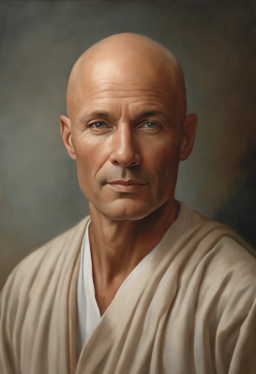 Create a hyper-realistic portrait of a bald, wise, and enlightened man with his face directed straight ahead. The man exudes a sense of serenity and profound wisdom. His bald head reflects a gentle radiance, while his facial features are intricately captur...