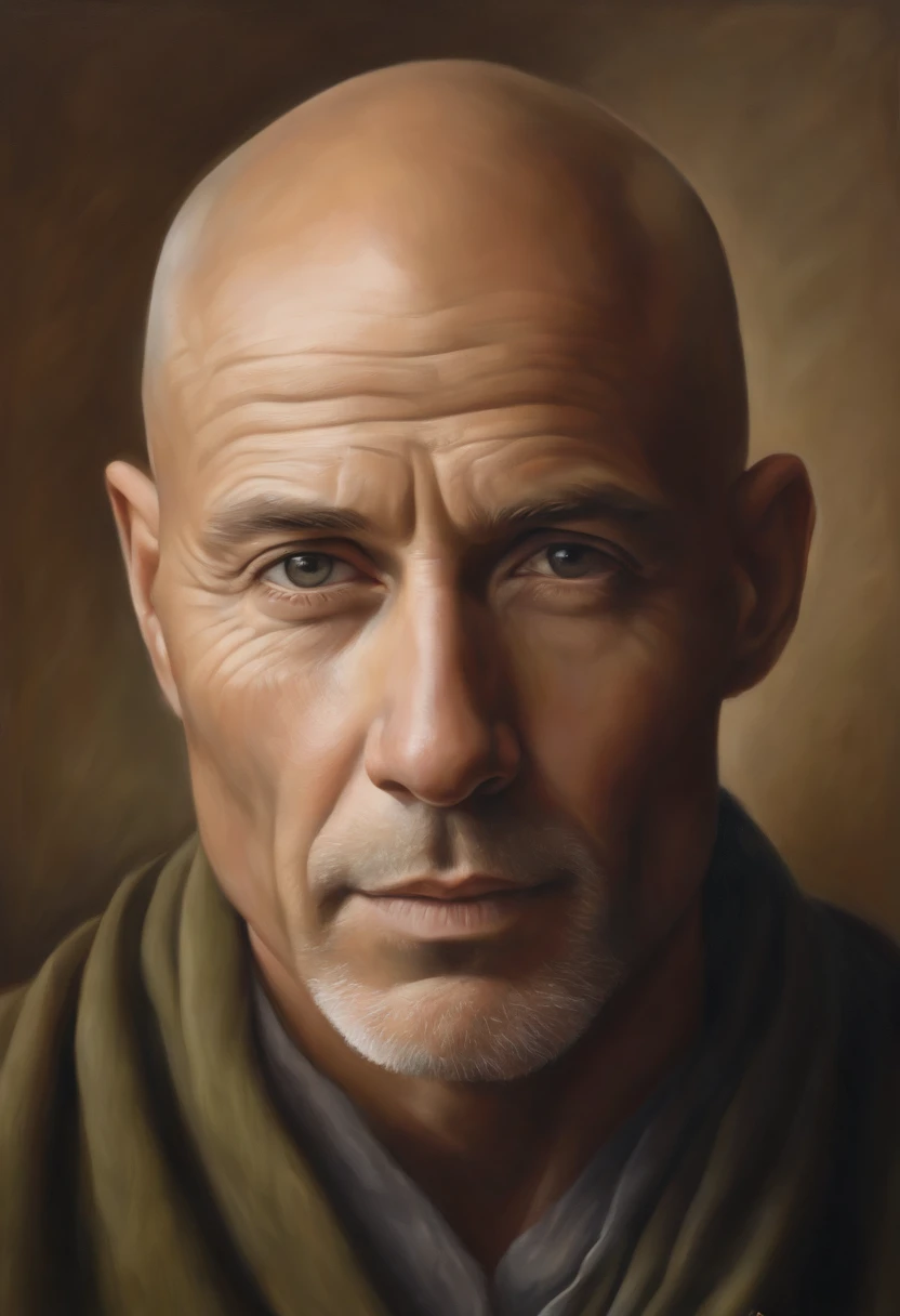 Create a hyper-realistic portrait of a bald, wise, and enlightened man with his face directed straight ahead. The man exudes a sense of serenity and profound wisdom. His bald head reflects a gentle radiance, while his facial features are intricately captur...