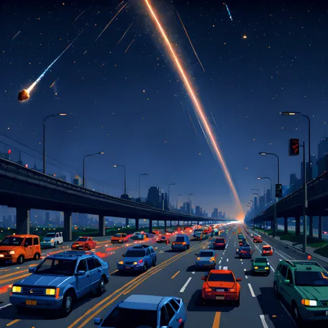 (Pixel art:1.5), (pixel theme:1.5), (fantasy:1.5), (meteor:1.5), (A meteorite passes over a car on the Metropolitan Expressway:1.5), (Metropolitan Expressway:1.5), (meteorite:1.5), (starry night sky:1.5),(A swarm of cars escaping from the capital:1.5), (co...