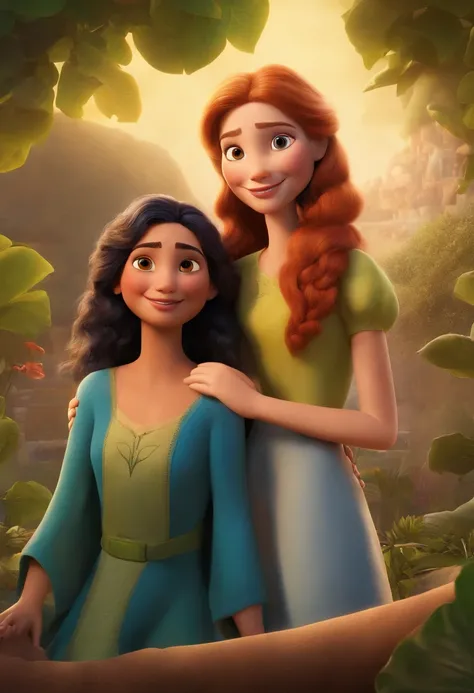 Create a Disney Pixar Movie Poster Showing Two White-Skinned Friends. The friend on the left is the tallest,  Tem rosto comprido, olhos verdes, cabelos loiros, longos e lisos. A amiga da direita  tem olhos castanhos, cabelos cacheados de cor vermelho vibra...