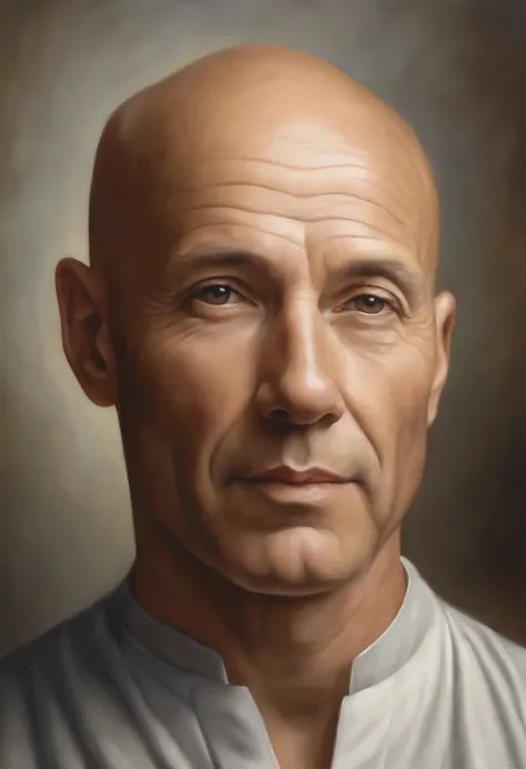 Create a hyper-realistic portrait of a bald, wise, and enlightened man with his face directed straight ahead. The man exudes a sense of serenity and profound wisdom. His bald head reflects a gentle radiance, while his facial features are intricately captur...