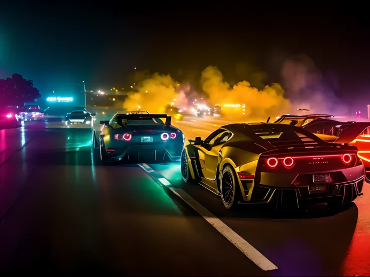 Film still action movie, supercars high speed chase in Los Angeles at night, and explosions ocurring, resulting in crashes and explosions, low angle, neon lights, dynamic movement, low saturated color, taked by Arri Alexa 65, directed by Michael Bay, style...