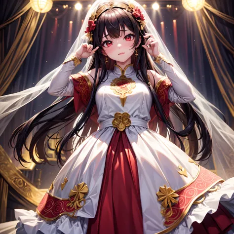 best qualtiy，超高分辨率，4k，1girl，whaite hair，Red eyes，Princess dress，Intricate patterns，adolable，Cross your hands at the waist，Hold your head high，（Kpop idol），（aegyo sal：1），（（puffy eye）），It looks like in front of the audience，full bodyesbian，facing the front th...