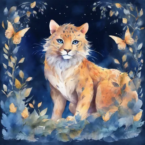 A big cat with a wide split mouth and a smile　Fantastic atmosphere　watercolor paiting　Picture book illustrations　Overall, the color is dark blue