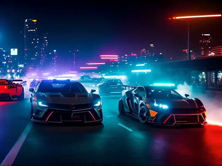 Film still action movie, supercars high speed chase in Los Angeles at night, and explosions ocurring, resulting in crashes and explosions, low angle, neon lights, dynamic movement, low saturated color, taked by Arri Alexa 65, directed by Michael Bay, style...