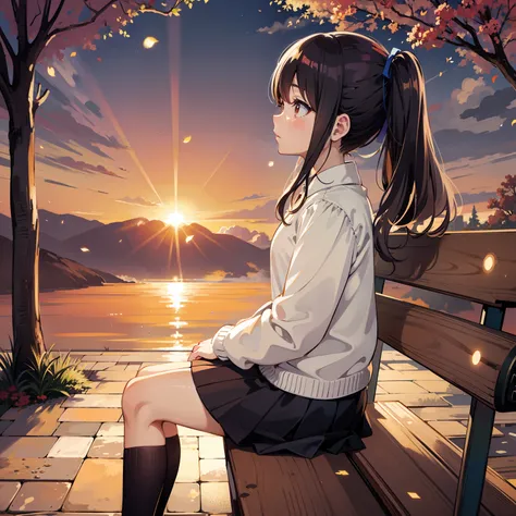 anime girl sitting on a bench looking at the sunset, watching the sun set. anime, anime wallpaper 4 k, anime wallpaper 4k, anime background, anime art wallpaper 8 k, anime art wallpaper 4 k, anime art wallpaper 4k, 4k anime wallpaper, anime beautiful peace...