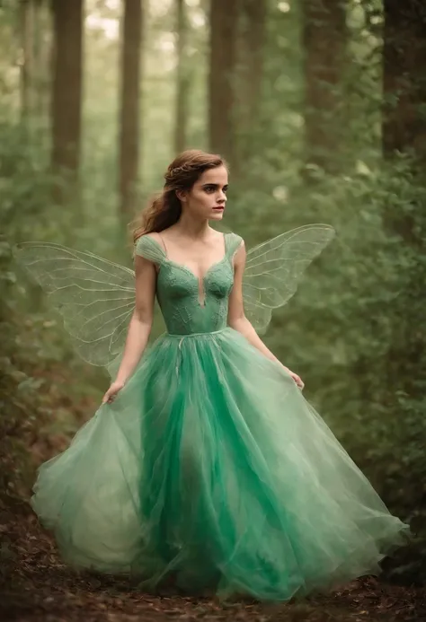 In the hazy glow of a Lomographic vignette photograph, ((Emma Watson)) como uma fada misteriosamente encantadora emerge com delicado, Translucent wings that glow ethereal. Tendo como pano de fundo uma folhagem verde exuberante, O cabelo prateado da fada ca...