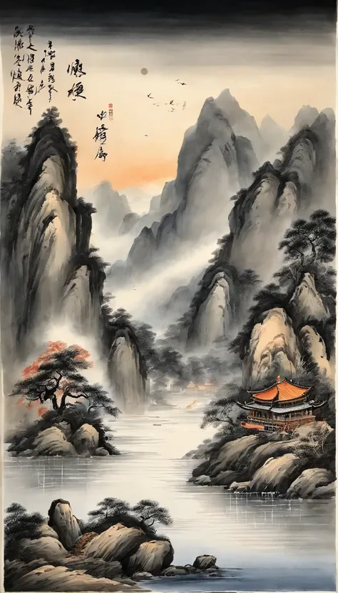 Chinese landscape painting，ink and watercolor painting，water ink，ink，Smudge，Faraway view，Ultra-wide viewing angle，Meticulous，water ink，Smudge，Meticulous，Smudge，low-saturation，Low contrast，Night rendering，Night view tone，The sea rises and the moon rises，The...