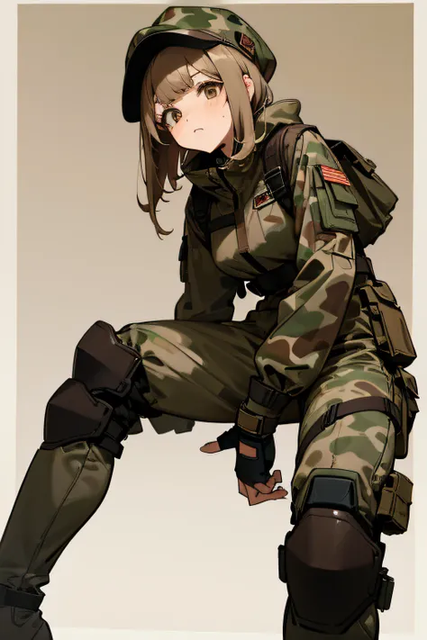 Woman of below average height, short dark blonde hair with asymmetrical bangs, dark brown eyes. Woman wearing brown camouflage suit, metallic knee pads, black boots and brown camouflage hat. brown base color, color clothes.