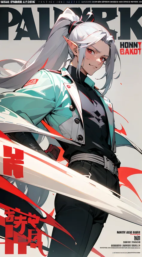 Handsome man, ((gray stubble :1.1)) , red eyes , elf ears , extremely long hair , ((silver hair)) , hair in a ponytail, lean , muscular ,((male:2 )), age 41

Solo, sfw, cap, shorts, jacket, (Magazine cover-style illustration of a fashionable character in v...