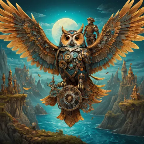 Embark on a whimsical adventure with this captivating prompt for a digital artwork of a mechanical owl and its knightly rider, setting off on a grand quest, with a touch of imagination. The composition showcases the intricate details of the mechanical owl,...