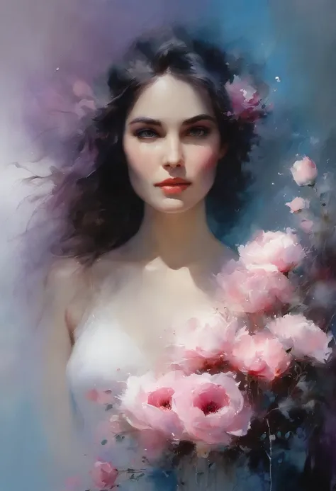 1girl,flower, Lisianthus ,in the style of light pink and light azure, dreamy and romantic compositions, pale pink, ethereal foliage, playful arrangements,fantasy, high contrast, ink strokes, explosions, over exposure, purple and red tone impression , abstr...