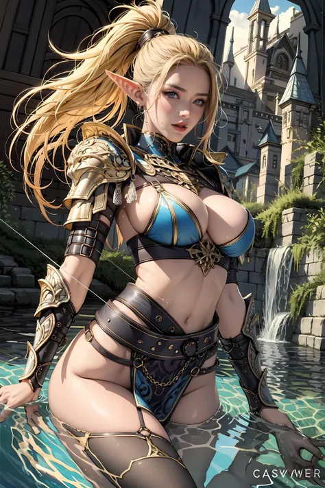 a female elf with a sexy body figure, hunting, medieval theme, pointy ears,  ((MILF)), (seducing smile:0.1), (seducing looking:0.2), (angry:1.3), (smirk:1.2), ponytail, 
(((masterpiece))),  ((best quality)), ((intricate detailed)), a sexy woman with elf at...