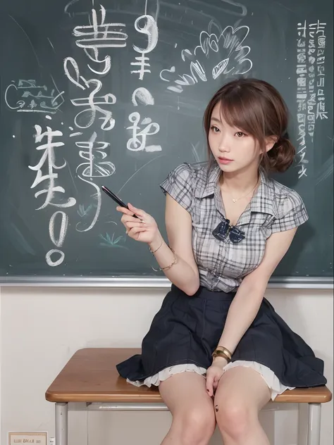 (Best quality, 8k, 32k, Masterpiece, UHD:1.2), Photo of Pretty Japanese woman, medium size breasts, bob hairstyle, sexy girl, teacher, dramatic lighting, blackboard, chalk drawings on the blackboard