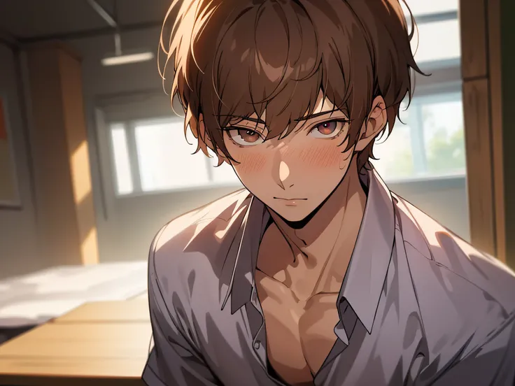 ((((Solo)))),24-year-old boy, Warm skin, Pupil purple, Hanging,sharp eye,Dead Eyes Male Focus, Looking at Viewer, Upper body ,Brown hair, Short hair, Facial Focus,Adult, shirt, Best Quality, Facial details.,‎Classroom,dynamic ungle