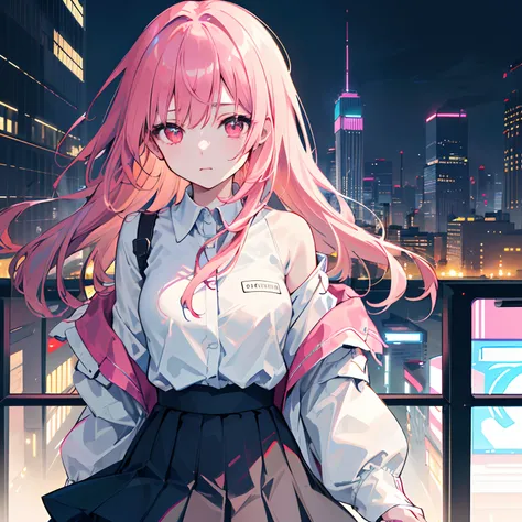 1girl, solo, loli, petite, (very_long_hair), (pink_hair:1.2), braids, (red_eyes), medium_breasts, (white_shirt:1.5), (windbreaker), (off_shoulder:1.2), (portrait), glowing_eyes, background_light, (cityscape:1.5), (pleated skirt, )(neon_lights:1.2), (scienc...