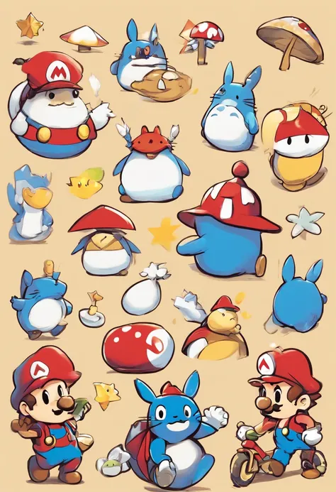 (TOTORO), Conception des personnages, Nintendo Super Mario, (yeux bleus, Chapeau, costume rouge, bretelles bleues, Gants blancs, )Style de boîte aveugle super mignon, Chibi, corps entier, expressions et actions exagérées, arrière-plan propre, Reflets irisé...