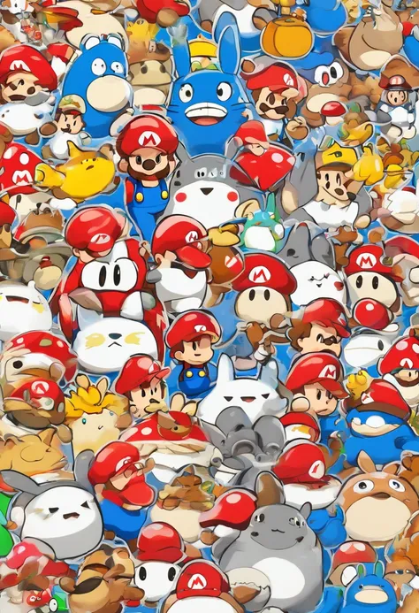 (TOTORO), Conception des personnages, Nintendo Super Mario, (yeux bleus, Chapeau, costume rouge, bretelles bleues, Gants blancs, )Style de boîte aveugle super mignon, Chibi, corps entier, expressions et actions exagérées, arrière-plan propre, Reflets irisé...