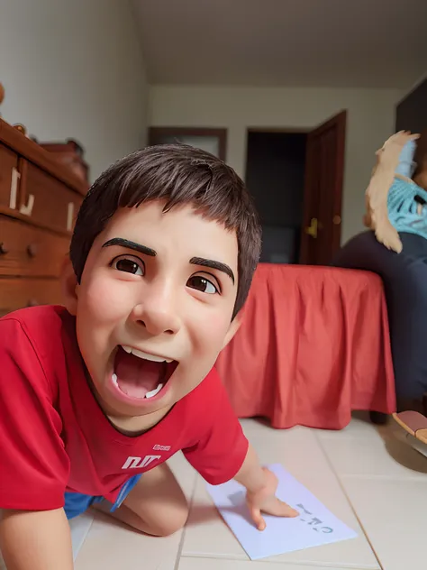 Theres a boy whos sitting on the floor, feliz com a boca aberta, sneering at the camera, screaming at the camera, he is very happy, muito animado, happily smiling at the camera, cabrito, excited expression, Panting, photo taken with Sony a7R camera, Tomado...