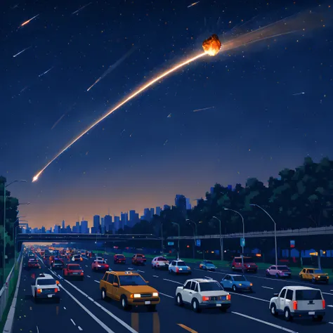 (Pixel art:1.5), (pixel theme:1.5), (fantasy:1.5), (meteor:1.5), (A meteorite passes over a car on the Metropolitan Expressway:1.5), (Metropolitan Expressway:1.5), (meteorite:1.5), (starry night sky:1.5),(A swarm of cars escaping from the capital:1.5), (co...