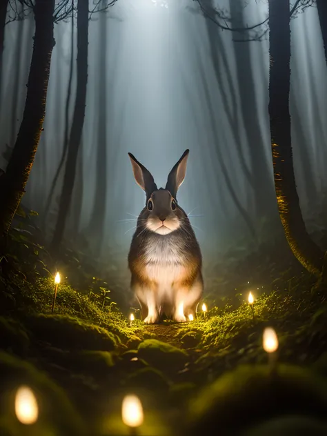 Close up photo of a rabbit in enchanted forest, late night, in the forest, backlight, fireflies, volumetric fog, halo, bloom, dramatic atmosphere, center, rule of thirds, 200mm 1.4f macro shot